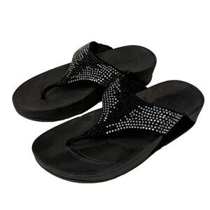 Fit Flop Flare‎ Women's Black Clear Rhinestone Slip Ons Sandal Wobbleboard Sz 8